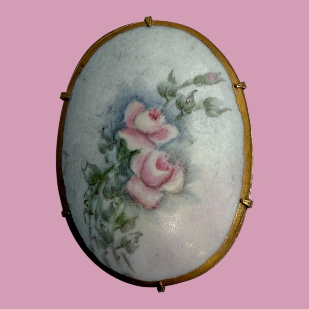 Antique Floral Vintage Hand Painted Brooch Roses Porcelain Limoges Gold Tone